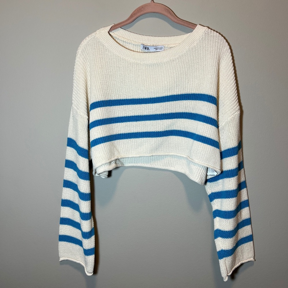 Zara Women's Medium Striped Cropped Knit Sweater Blue Cream Long Sleeve Boxy Fit